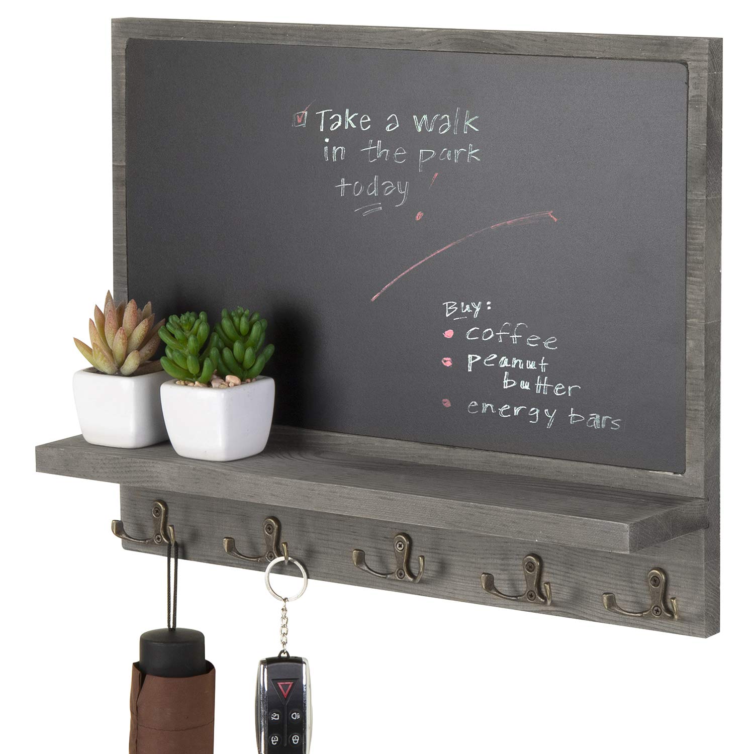 Photo 1 of MyGift Wall Mounted Dark Gray Wood Framed Chalkboard Sign with Storage Display Shelf and 5 Dual-Prong Key Holder Hooks - Decorative Entryway Family Message Board