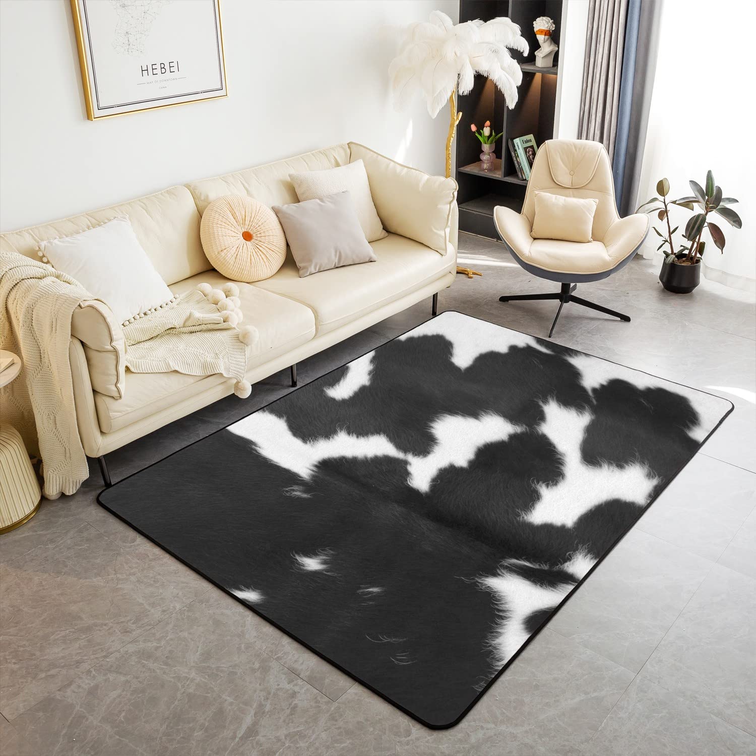 Homewish Cowhide Area Rug 100x150cm for Living Room Bedside,Black White Cow Print Bedroom Rugs,Western Farm Animal Area Rugs for Kids Boys Adults Man Women,Rustic Cowboy Farmhouse Accent Rug Set