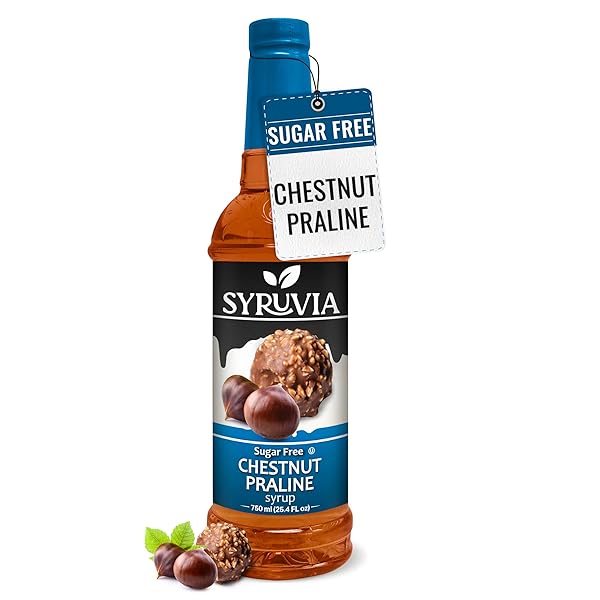 SYRUVIA SUGAR-FREE CHESTNUT PRALINE COFFEE SYRUP – 25.4 FL OZ. PREMIUM COFFEE FLAVORING SYRUP. 0 CALORIES, KOSHER, AND GLUTEN-FREE. PERFECT FOR ENHANCING DRINKS, SODAS, SHAKES, DESSERTS, AND MORE.