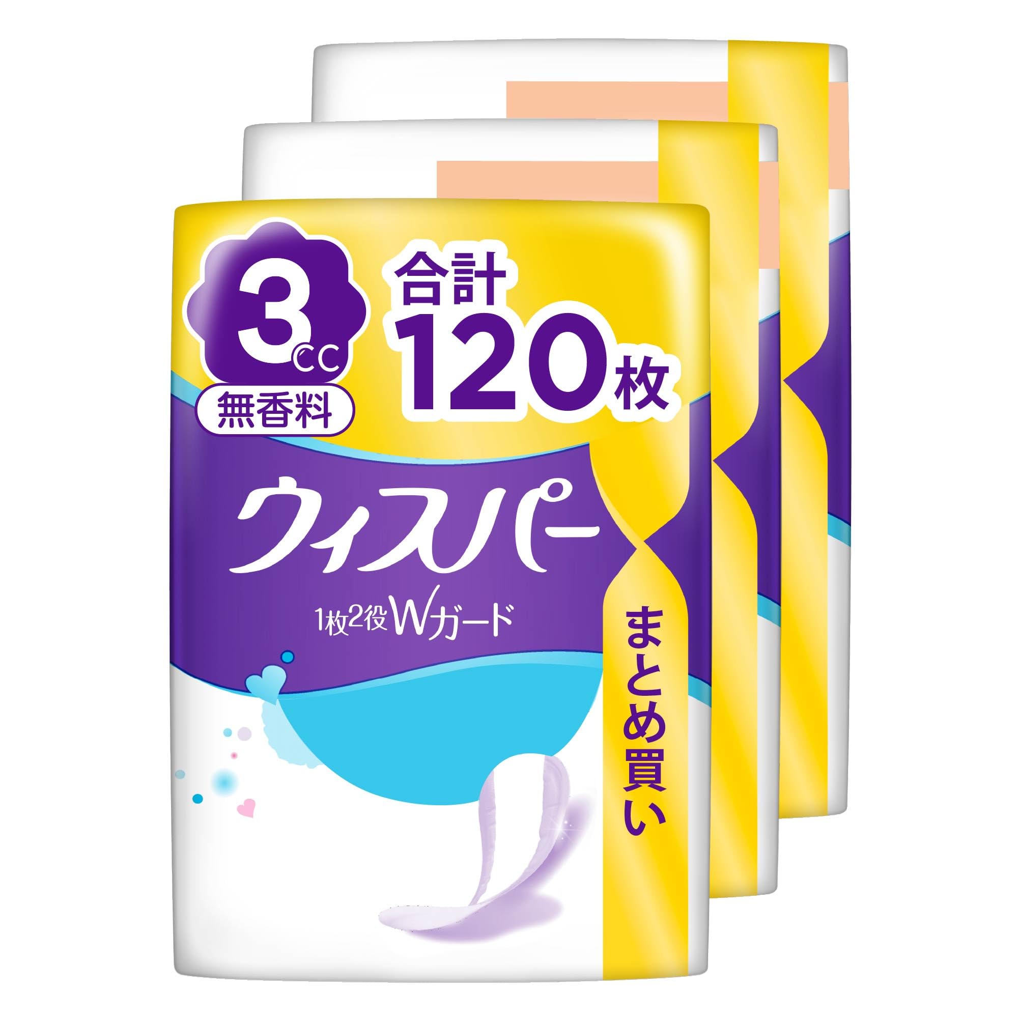 [まとめ買い・大容量]ウィスパー 1枚2役Wガード 3cc 120枚 無香料 (40枚×3パック)(吸水ナプキン 尿漏れパッド 女性用)【おりもの&水分ケア】商品画像