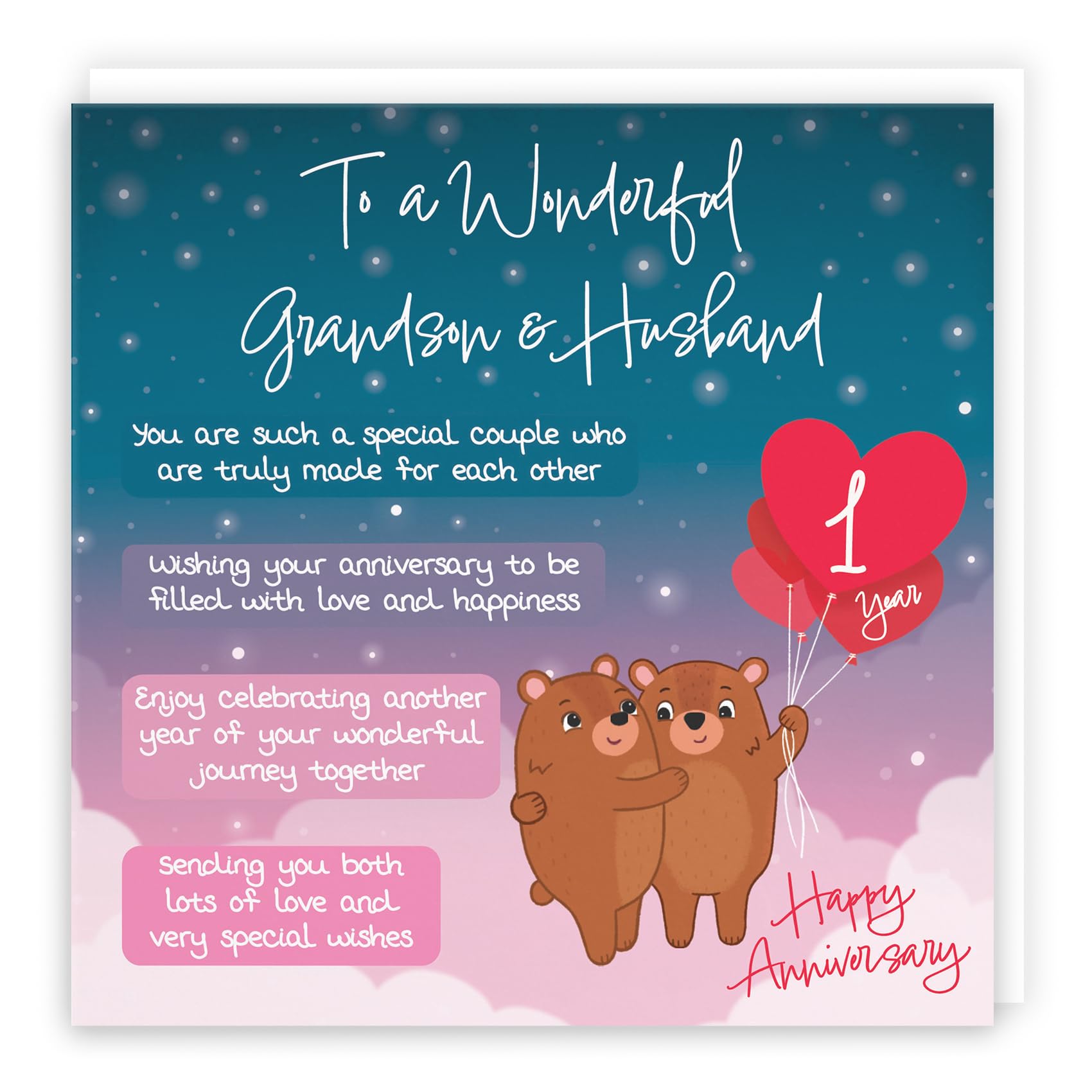 Hunts England - Grandson And Husband 1st Anniversary Card - Starry Night - Cute Bears - Verse 1st Anniversary Card For Grandson And Husband - Cute Poem Anniversary Card