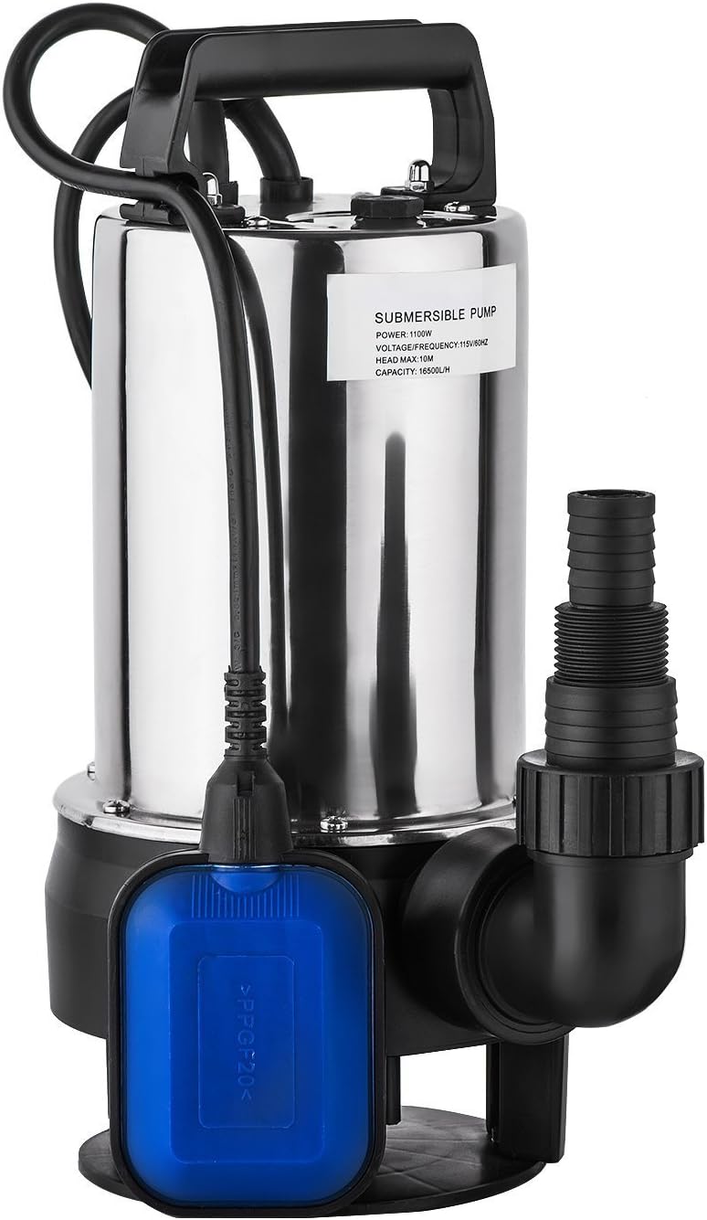 Voluker 1.5HP Submersible Sump Pump 4356GPH Stainless Steel Water Pump Garden Clean Water Pump Dirty Clean Water Pump for Swimming Pool Pond Heavy Duty Water Sump Pump with Float Switch