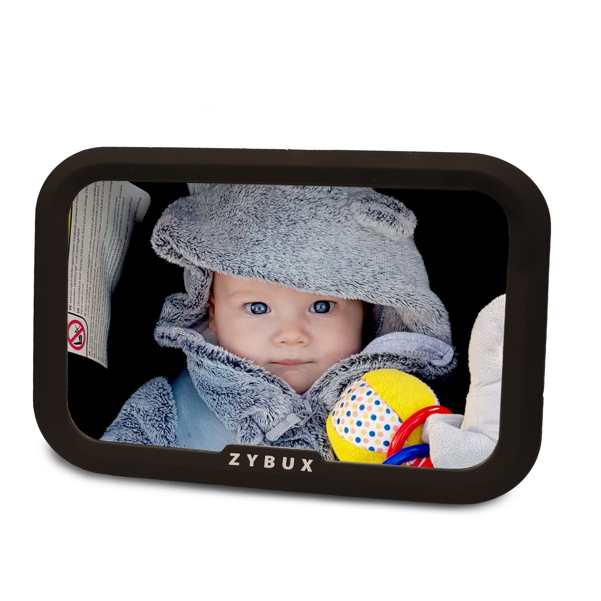 ZYBUX – Rear Facing Car Seat Baby Mirror | Shatterproof Back Seat Child Car Mirror | Safest Infant Car Mirror with Black Frame