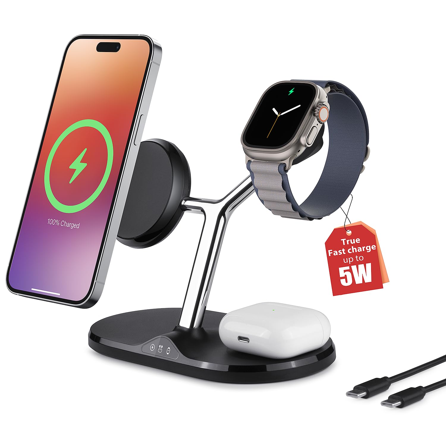 Photo 1 of 3-in-1 Wireless Charging Station for Apple Devices - Fast Charging Station for iPhone and Watch with MagSafe, Stable Charger Stand for iPhone 12-15 & iPhone 16 & iWatch & AirPods, Adapter Not Included