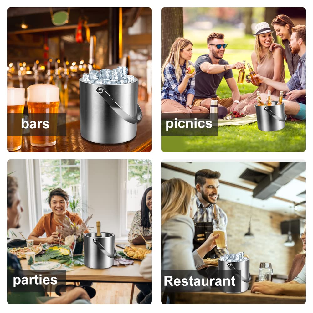 SCHYIDA Eiswürfelbehälter 2L, Eiswürfel Behältnis mit Deckel Eisbehälter Edelstahl 15.5cm * 15.2cm Eiskübel Metall Eiseimer mit Zange und Eisschaufel Eiskühler Weinkühler Sektkühler für Party, BBQ 7