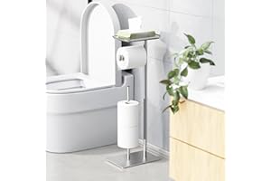 Toilet Paper Holder Stand with Top Storage Shelf, Free Standing Toilet Roll Dispenser for Bathroom, Holds 4 Reserve Rolls