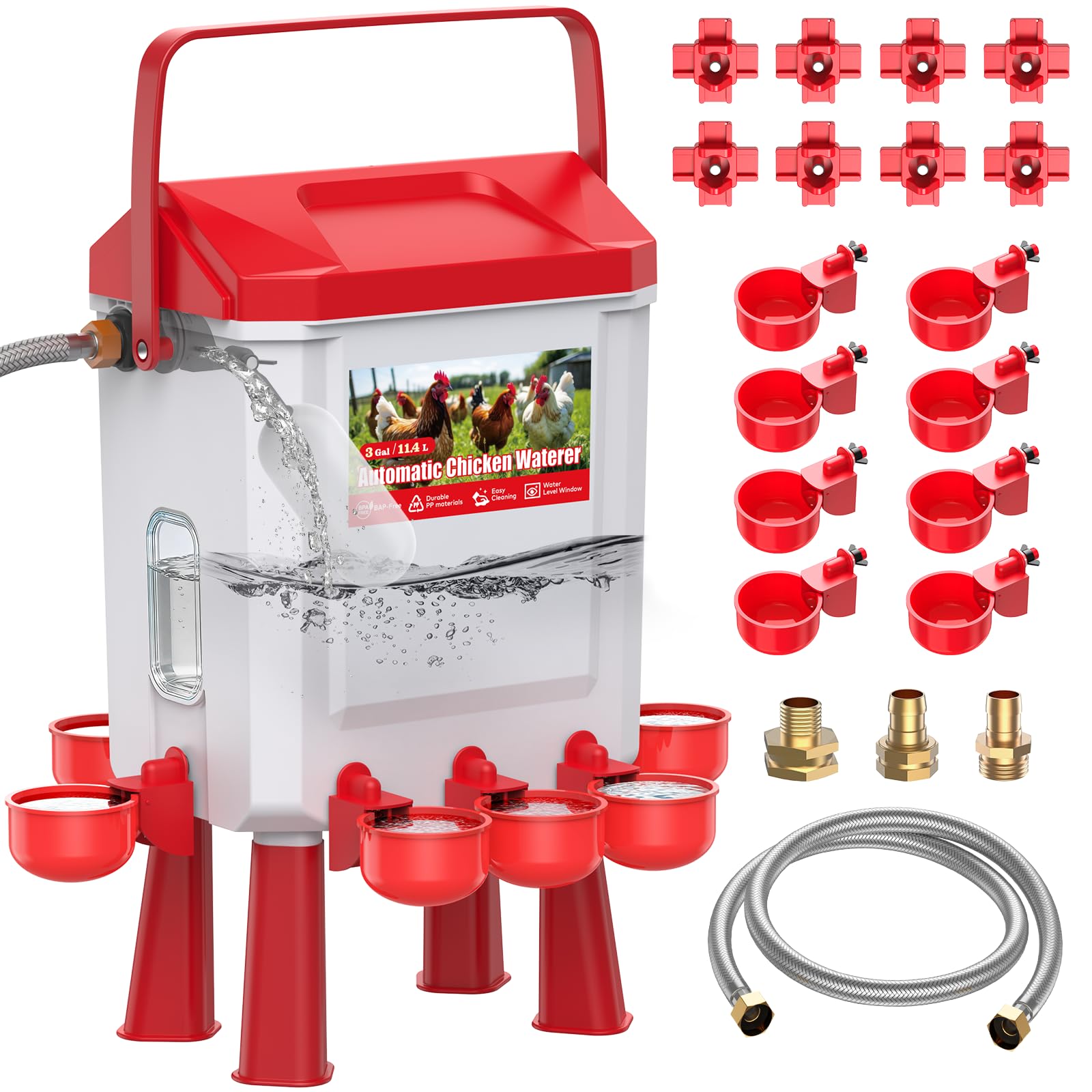 float-controlled automatic chicken waterer 3 gallons with 8 chicken water cups, 8 nipples, 6 plugs