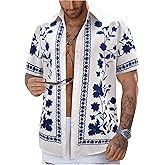 OYOANGLE Men's Floral Boho Button Down Shirt Short Sleeve Hawaiian Vacation Holiday Tops