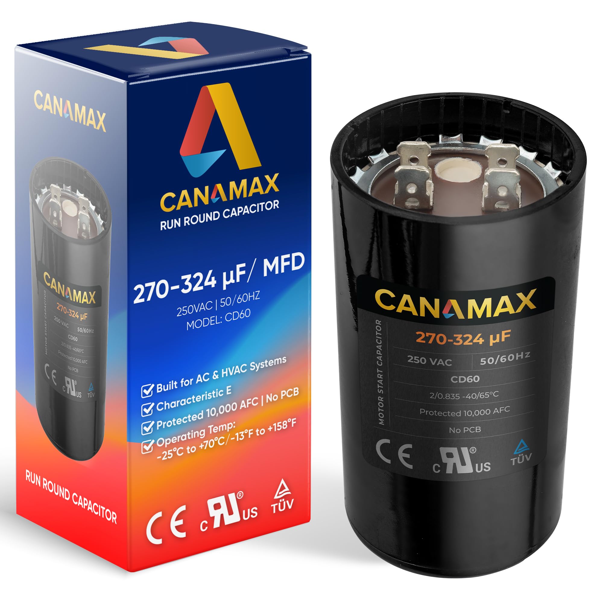 Photo 1 of 270-324 uF 270/324 MFD 250VAC CBB65 Round Motor Start Capacitor 50/60 Hz AC Electric by Canamax - Compatible with Single Phase Motor Capacitors Condenser Straight Cool or Heat Pump Air Conditioner