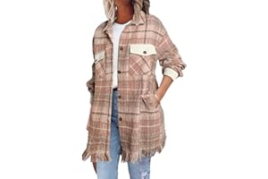SHEWIN Womens Casual Plaid Shacket Long Sleeve Button Down Oversized Shirt Jacket Coat