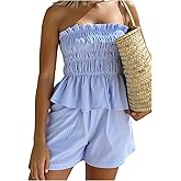 SOLY HUX Women's 2 Piece Summer Vacation Outfits Striped Shirred Ruffle Strapless Bandeau Tops and Shorts Set