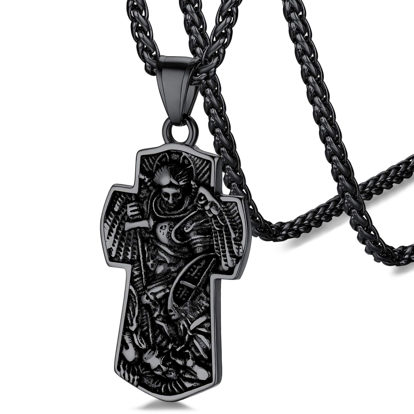 FaithHeart Black Cross Necklaces Amulet Jewellery Stainless Steel St Michael Medal Archangel Pendant with Long Neck Chain 55+5cm, Gifts for Easter