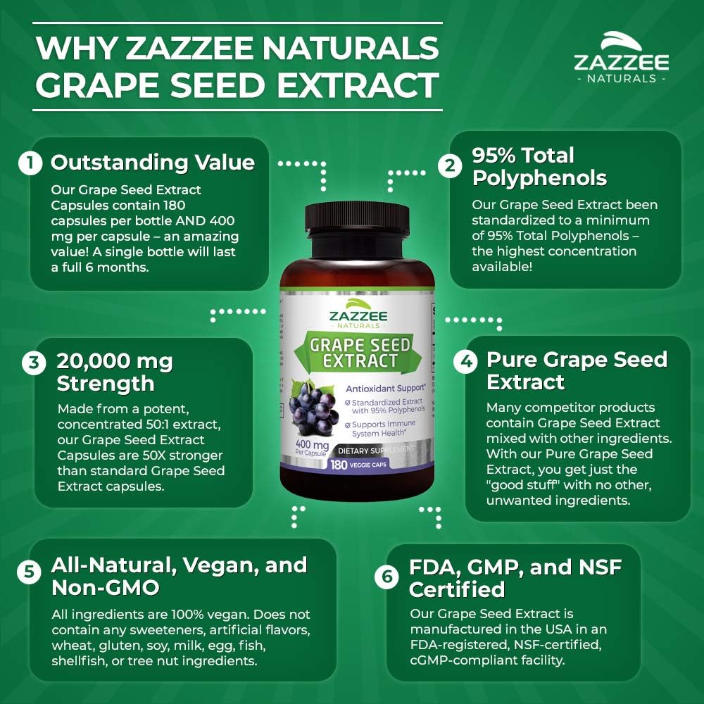 Zazzee Grape Seed Extract 20,000 mg Strength, 180 Vegan Capsules, 95% Polyphenols (Proanthocyanidins), Potent 50:1 Extract, 400 mg per Capsule, 6 Month Supply, Non-GMO and All-Natural: Health & Personal Care