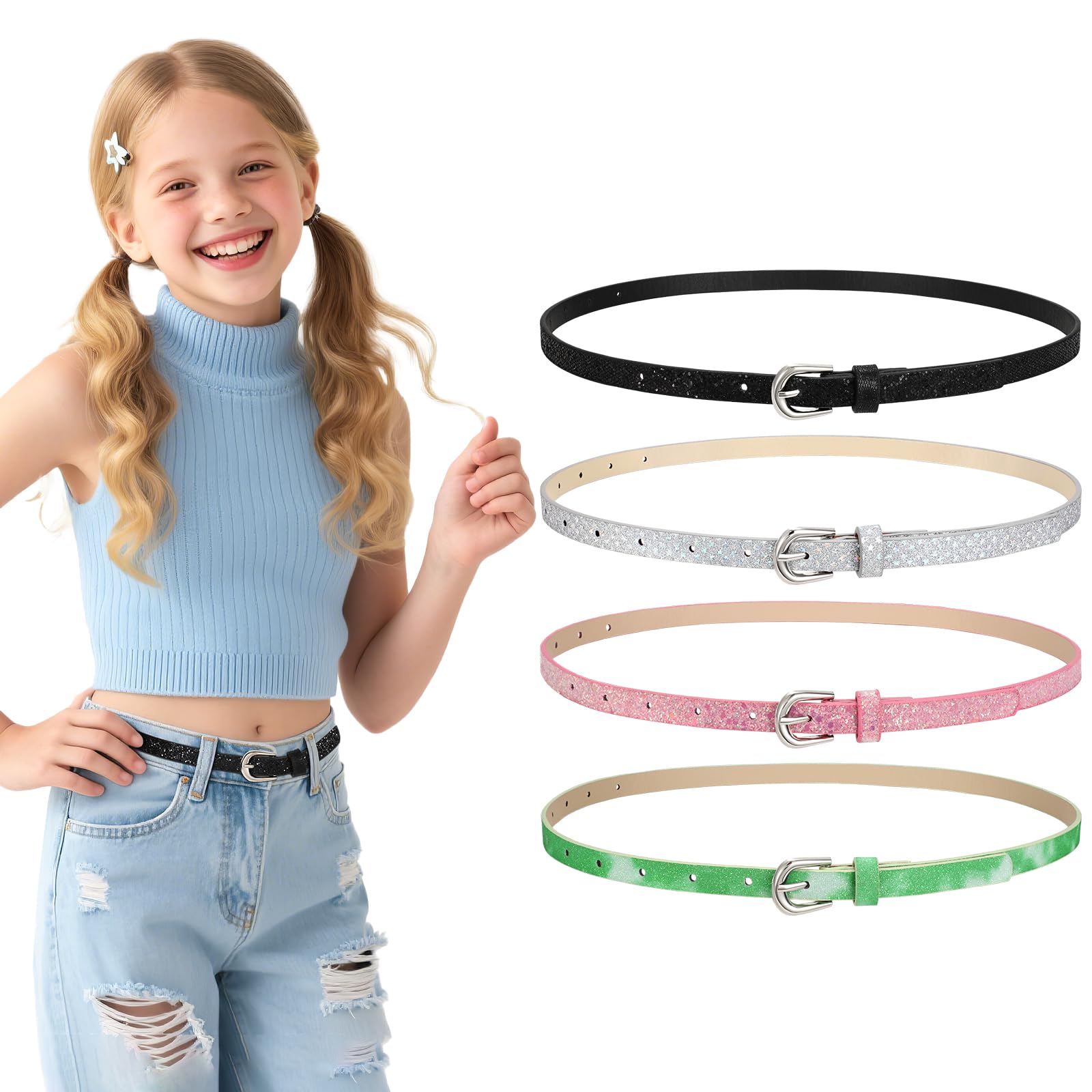 Photo 1 of WERFORU 4 Pack Kids PU Leather Skinny Belt for Girls Boys Teen Child Thin Shiny Glitter Waist Belt for Jeans Dress,Black+silver+pink+green,Fits waist size 27"-32"