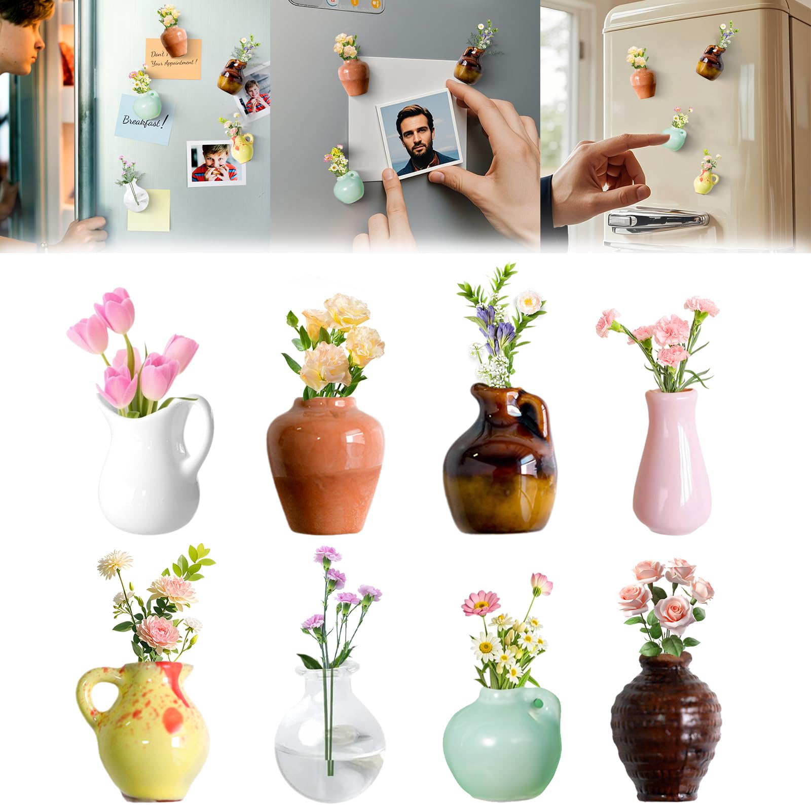 Photo 1 of 8Pcs Mini Vase Magnets for Fridge, Mini Bud Vases Magnetic, Ceramic Vase Magnets Adorable, Refrigerator Accessories Office Decor for Kitchen