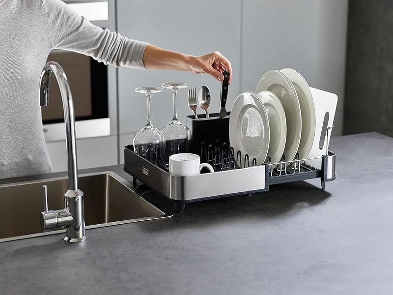 Séchoir à Vaisselle Extensible en Acier avec Compartiment à Couverts Amovible, Bec D'Égouttage Pivotant - Gris/Acier