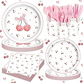 140 Pcs Cherry Birthday Decorations Cherry Themed Party Decorations Paper Plates Cups and Napkins Serves 20