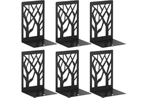 VFINE Bookends 6 Pieces, Modern Metal Bookends for Shelves, Black Tree Book Ends for Books, Decorative Book Organizer for Desk, Non-Skid Shelve Bookends for Home Office