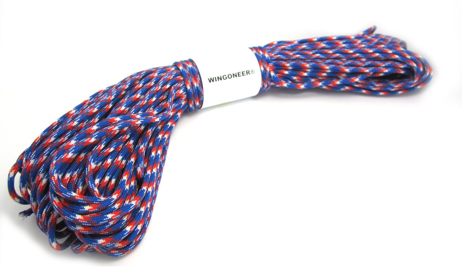 WINGONEER Parachute Rope 100 ft 7 Core 550 Nylon Strand Paracord Camping 30 m (Red + White + Blue)