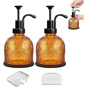 2 PCS Vintage Glass Soap Dispenser, Decorative Bathroom Hand Soap Dispenser | Farmhouse Brown Glass Dish Soap Dispenser for B