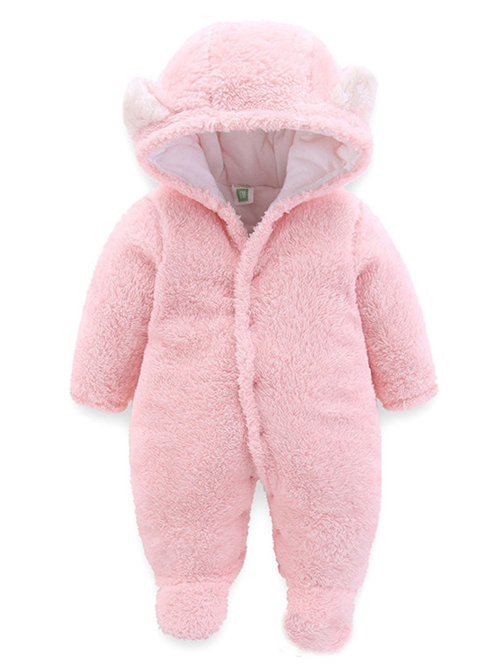 Voopptaw Warm Baby Winter Jumpsuit Fleece Romper Suits Cute Thick Bear Snowsuit for 0-12months (0-3Months, Pink)