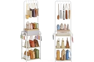 HAYEXIHA Tall Purse Organizer with Practical Purse Hanger, Floor-Standing Purse Rack Stand for Purse Storage, Narrow & High-Capacity Handbag Organizer, Multi-Purpose Purse Storage Organizer for Small Place