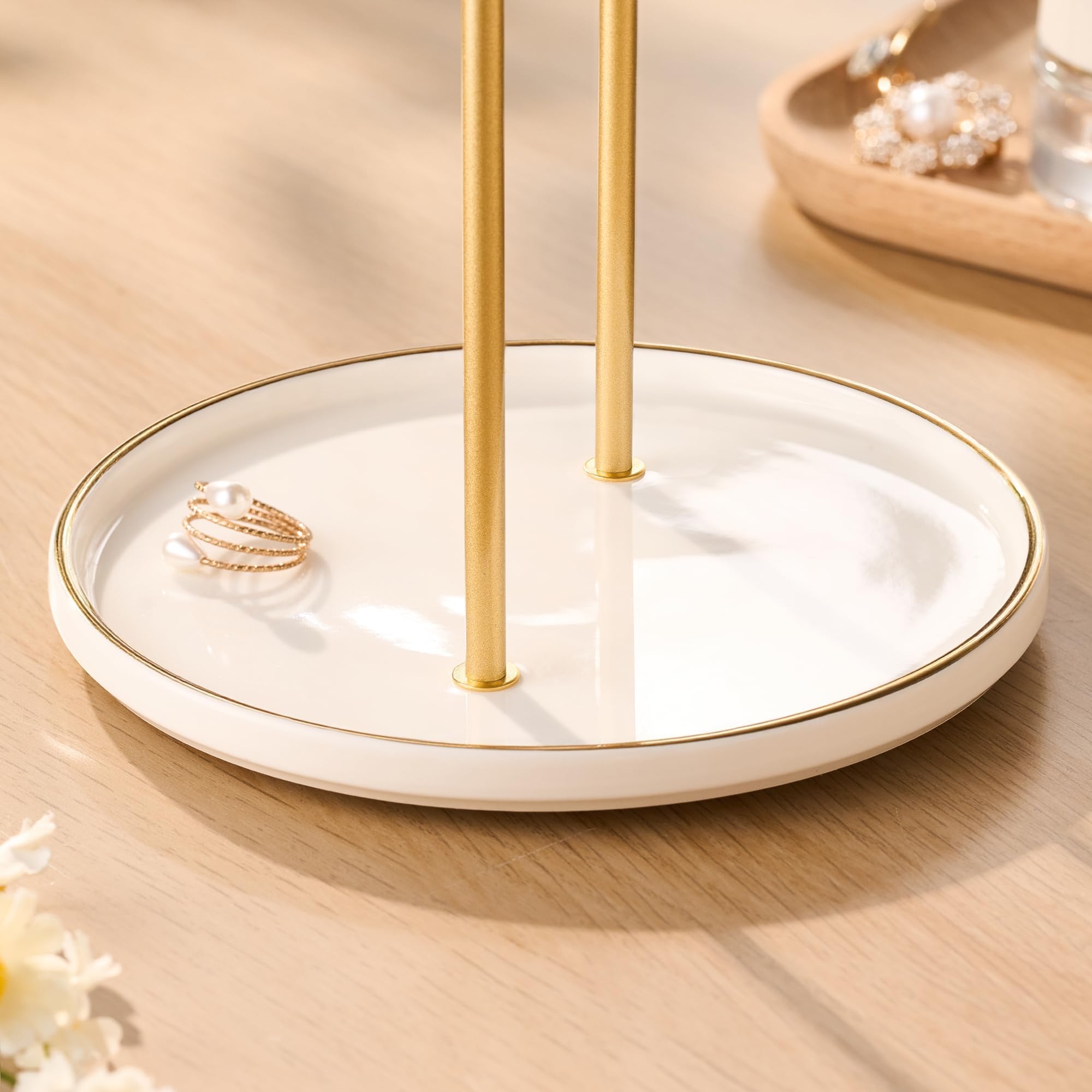 Josmimic Gold Jewelry Holder Stand with Ceramic Tray: Small Hanging Necklace Organizer Tree for Earrings, Bracelets, Rings – Jewelry Display Hanger for Women & Girls, White