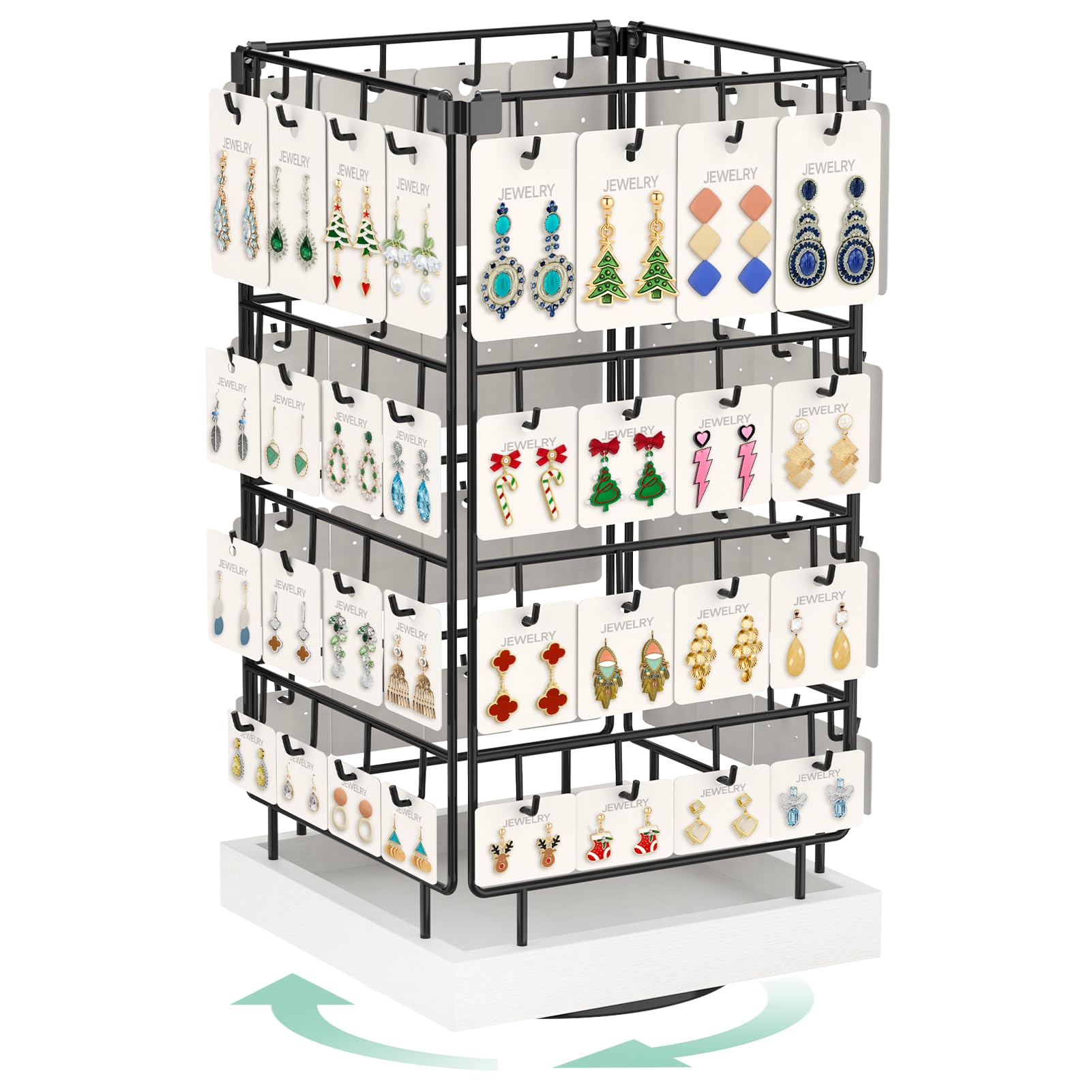 Photo 1 of EsLuker.ly Rotating Earring Display Holder Stand for Vendors Events Selling, Large Capacity 64 Hooks Jewelry Rack with Wooden Base for Earring Card Sales, Enhances Retail Display Visibility