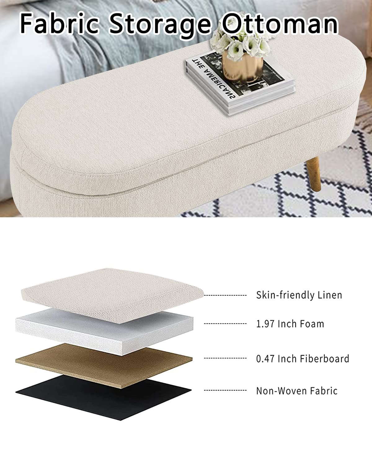 ECLYL Oval Storage Bench 43.5" Linen Fabric Upholstered Entryway Bench with Solid Wood Legs Ottoman Bench Indoor Bench for Living Room/Bedroom/End of Bed/Entryway (Beige) - Image 3