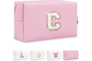 CHAOGREAT Small Personalized Initial A-Z Patch Makeup Bag,Pink Cute PU Leather Glitter Letter Cosmetic Bag for Teen Girls,Travel Toiletry Bag with Zipper,Preppy Monogrammed Birthday Gift for Daughter Niece C