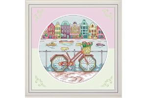 Maydear Cross Stitch Kits Stamped Full Range of Embroidery Starter Kits for Beginners DIY 11CT 3 Strands - Cityscape 9.4×9.4(inch)