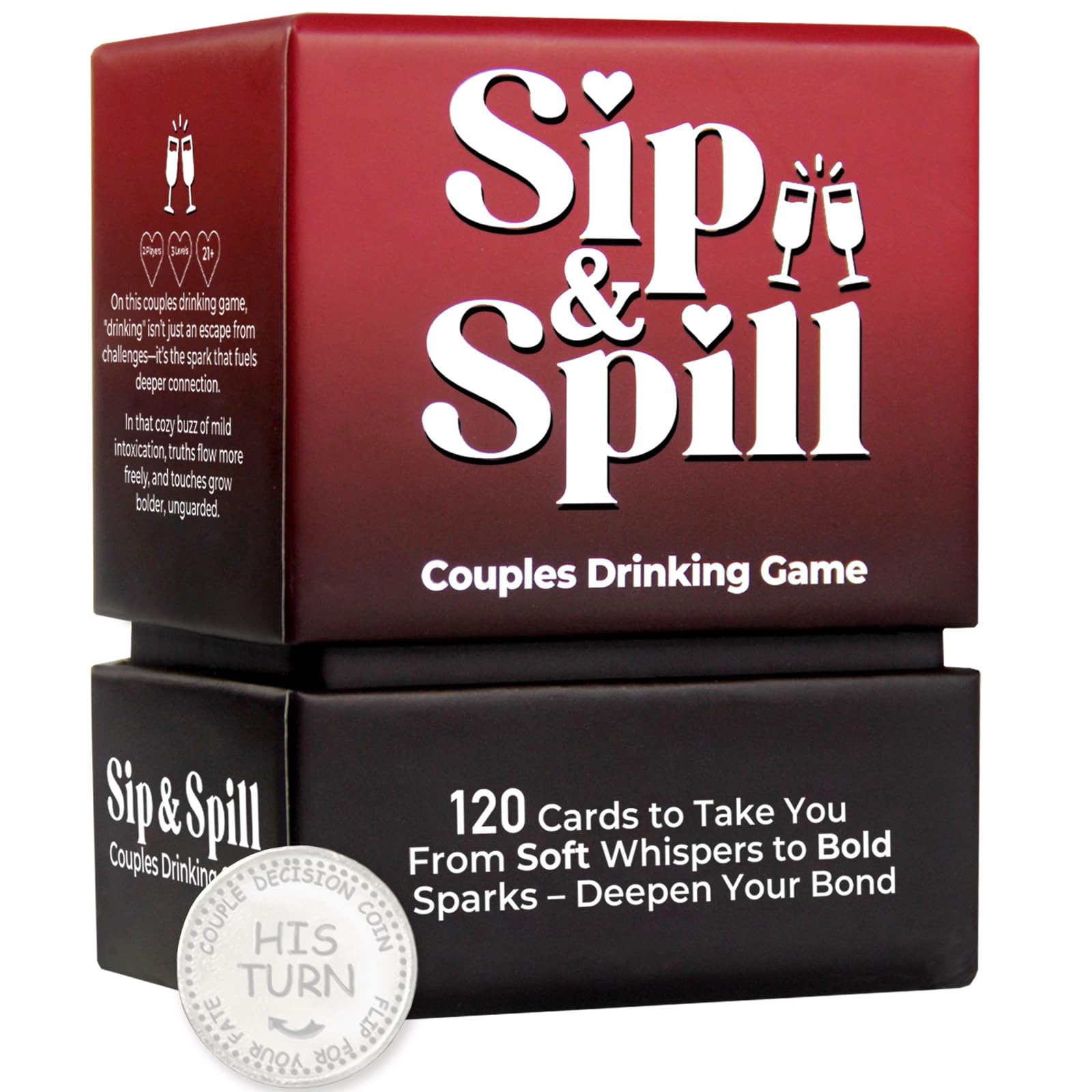 Couples Game - 120 Drinking Game Cards with Metal Decision Coin, Romantic Date Night Game for Boyfriend Girlfriend, Ideal Anniversary Valentine's Day Gift, Christmas Eve Box Fillers for Adults