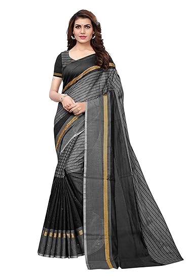 GLE Cotton Blend Banarasi Sarees With Blouse, For All Occasions, Ideal For Women & Girls (MORE THAN 20 DESIGNS) (Black Gold)