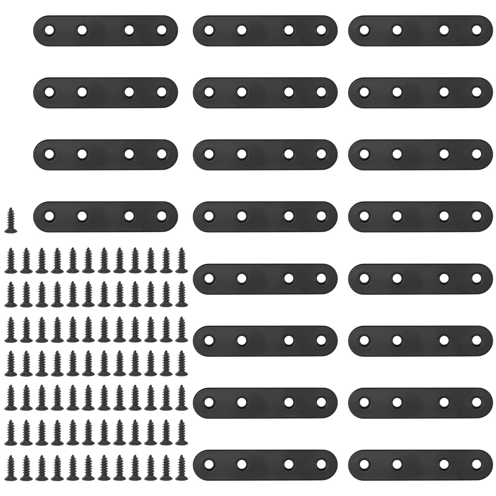 Glarks 20 Sets 80mm Flat Straight Corner Brace Black Metal Joint Plate Connector Repair Fixing Bracket with 85Pcs Screws for Wood Furniture (80x2mm)