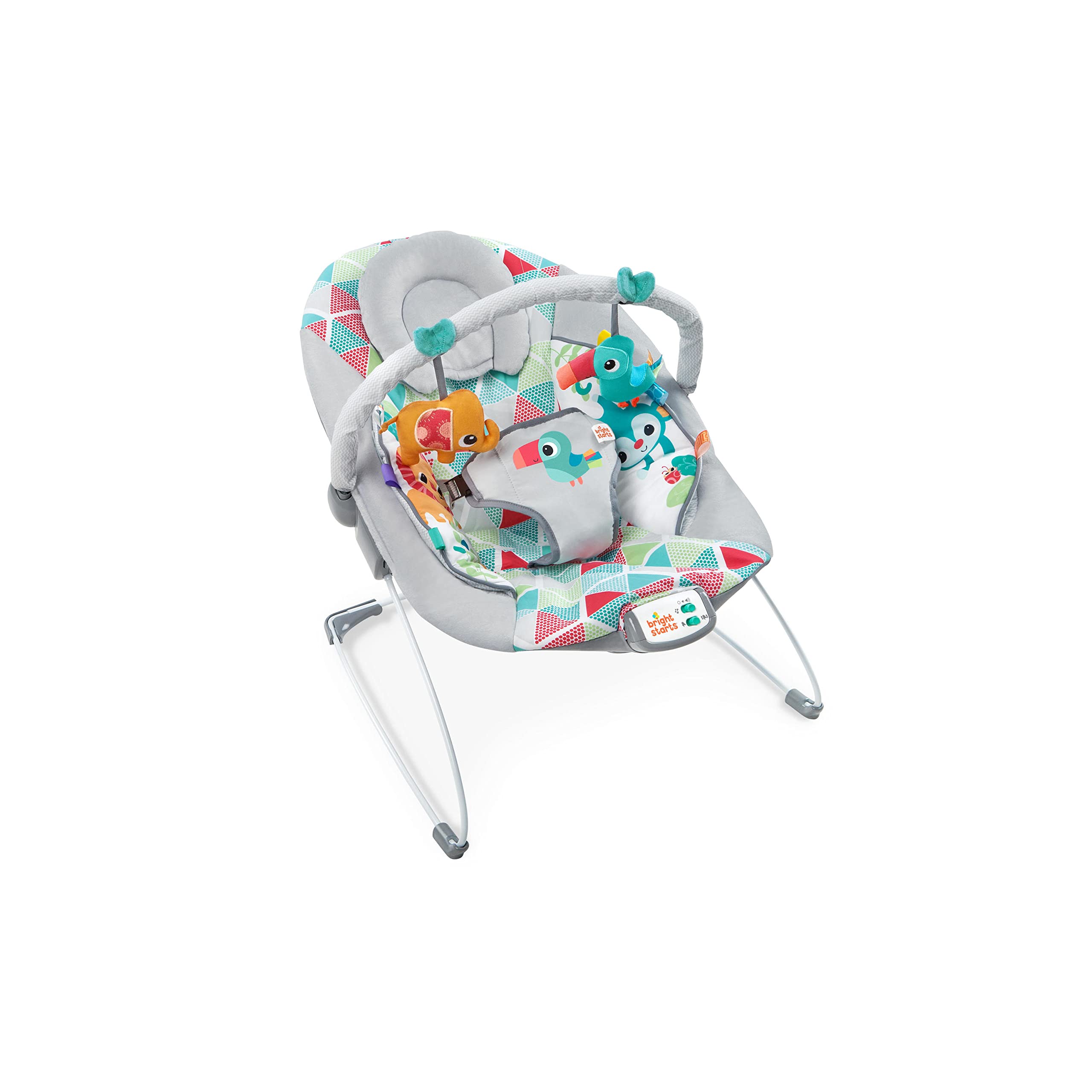 Bright Starts Baby Bouncer Soothing Vibrations Infant Seat - Taggies, Music, Removable -Toy Bar, 0-6 Months Up to 20 lbs (Toucan Tango)