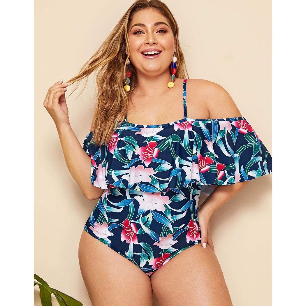 Kikole Women One Piece Plus Size Swimwear Ruffle Off The Shoulder Printed Swimsuits One-Pieces Blue