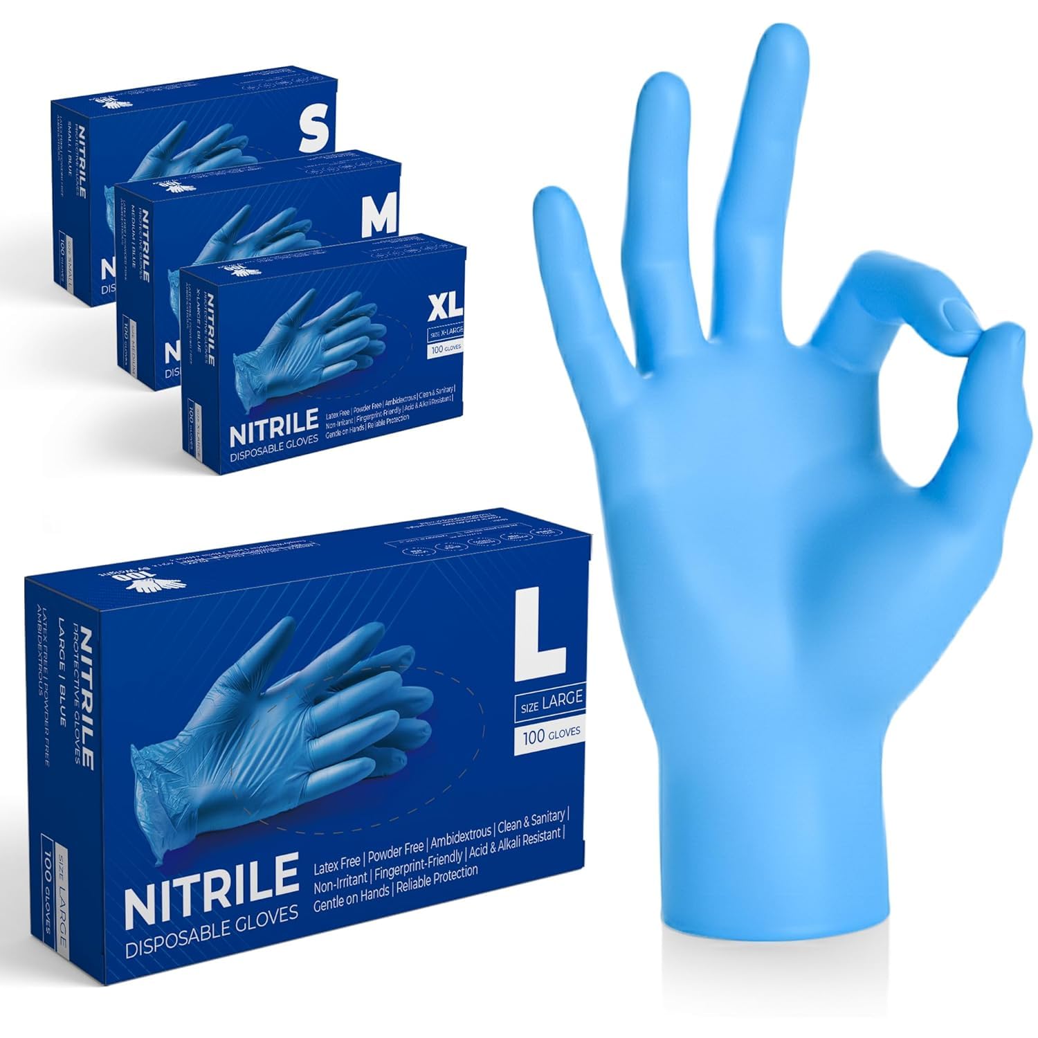 The Real Touch Blue Professional Nitrile Powder Free Multi-Purpose Gloves, Disposable, Extra Strong - Box of 100 (Blue, Large)