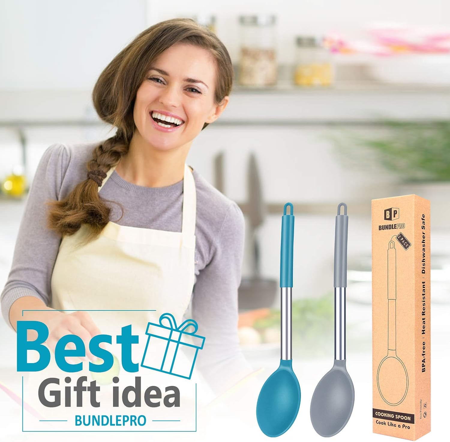 Pack of 2 Large Silicone Cooking Spoon Non Stick Solid Basting Spoons Heat-Resistant Kitchen Utensils for Mixing Serving (Gray-Blue): Kitchen & Dining