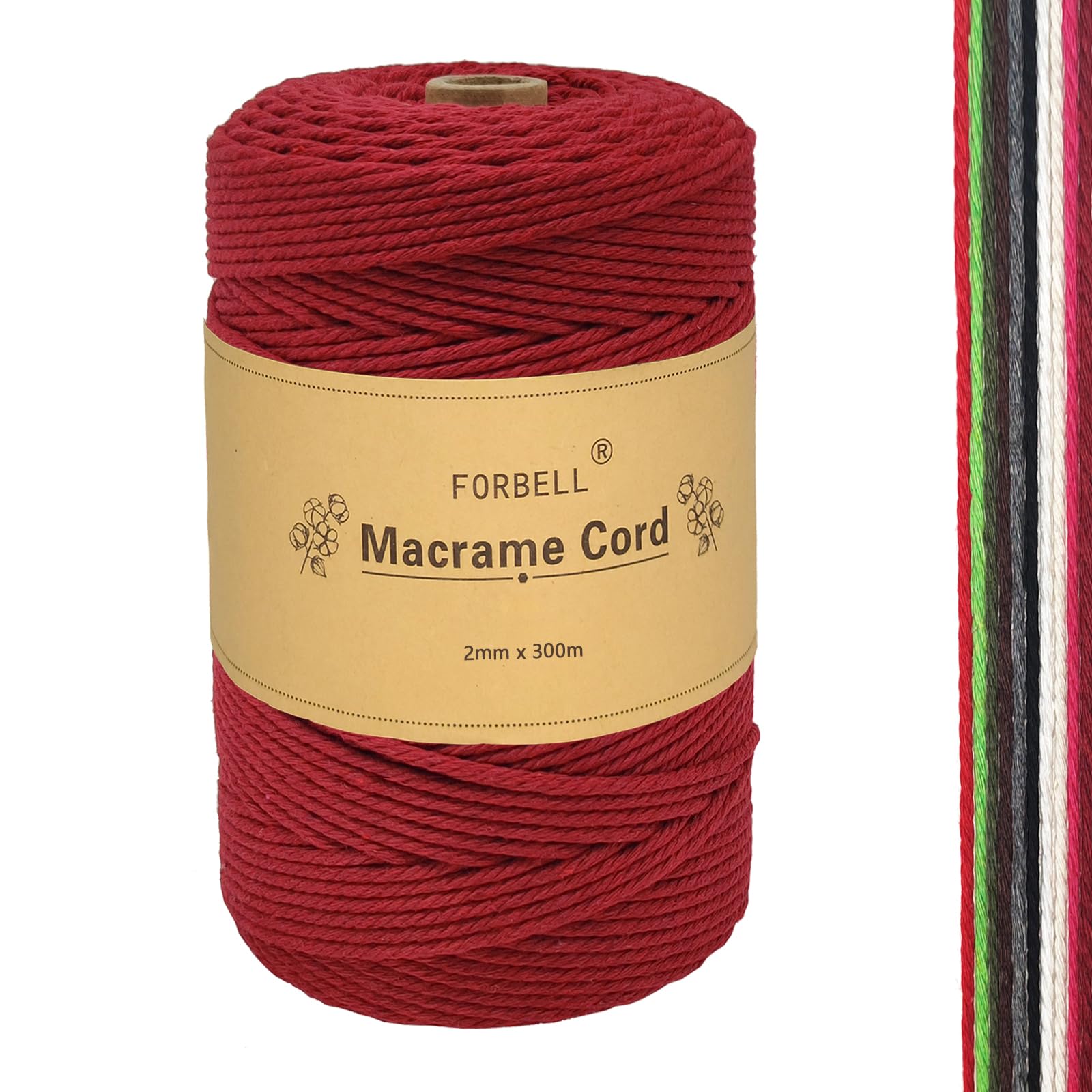 FORBELL Macrame Yarn, 2 mm x 300 m Premium Cotton Yarn, DIY Crafts (Bordeaux Red (2 mm)), HBS-007