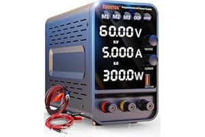 Eventek DC Power Supply, 60V/5A Variable With Encoder Adjustment Knob, Memory Switching Bench With 4-Digits LED Display, 5V/3.6A USB Output & Banana Plug Lead