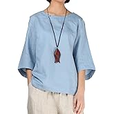 Minibee Women's Linen Blouse Round Neck 3/4 Sleeve Shirt Tops with Chinese Frog Button