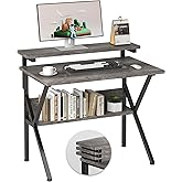 COTUBLR Small Desk, Small Computer Desk for Small Spaces, 27.5 Inch Computer Desk with Adjustable Monitor Stand, Compact Desk with Storage, Tiny Desk Study Desk for Bedroom Home Office, Grey