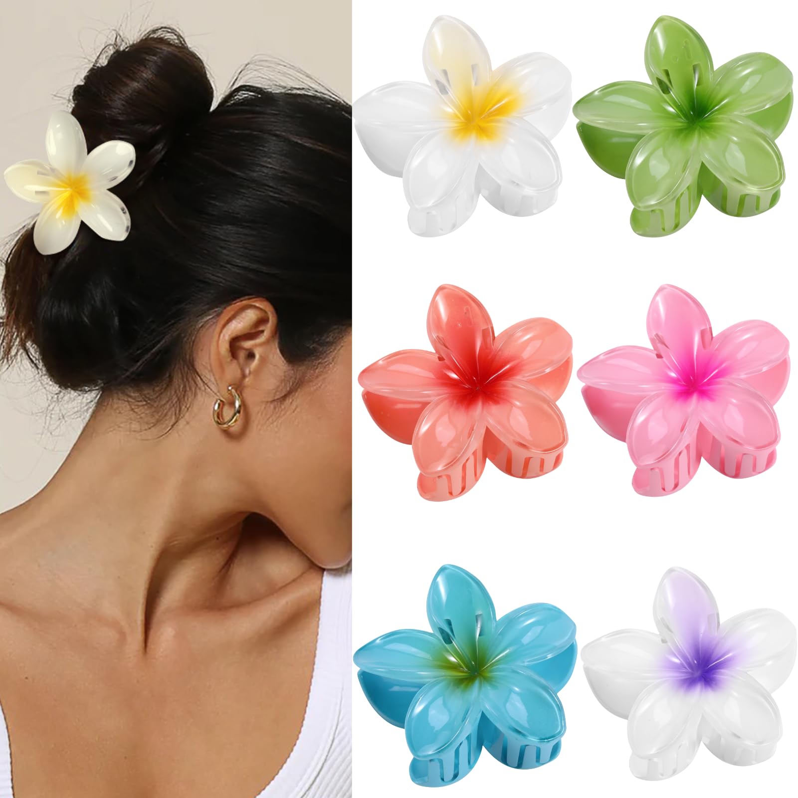 Photo 1 of Hawaiian Flower Hair Clips – 6 Pack Colorful Claw Clips for Women & Girls, Large Aesthetic Hair Accessories for Thick or Thin Hair, Summer Beach Vacation Gift