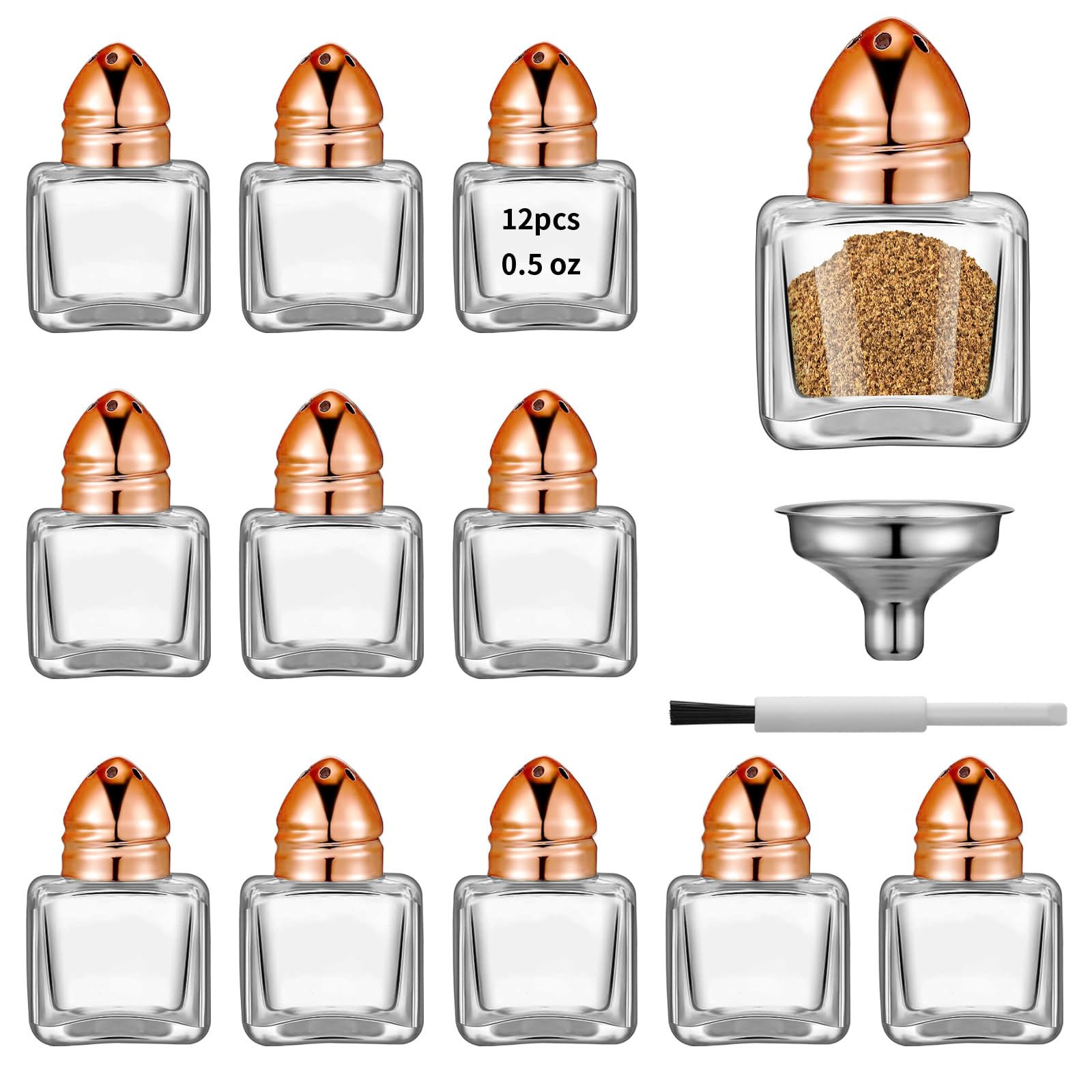 Photo 1 of 12 Pcs 0.5 oz Cube Shape Small Salt and Pepper Shakers with Tone Tops Clear Mini Glass Seasoning Jars Spice Salt Shakers with Funnel for Wedding Party Restaurant Home Kitchen (12, Rose Gold)