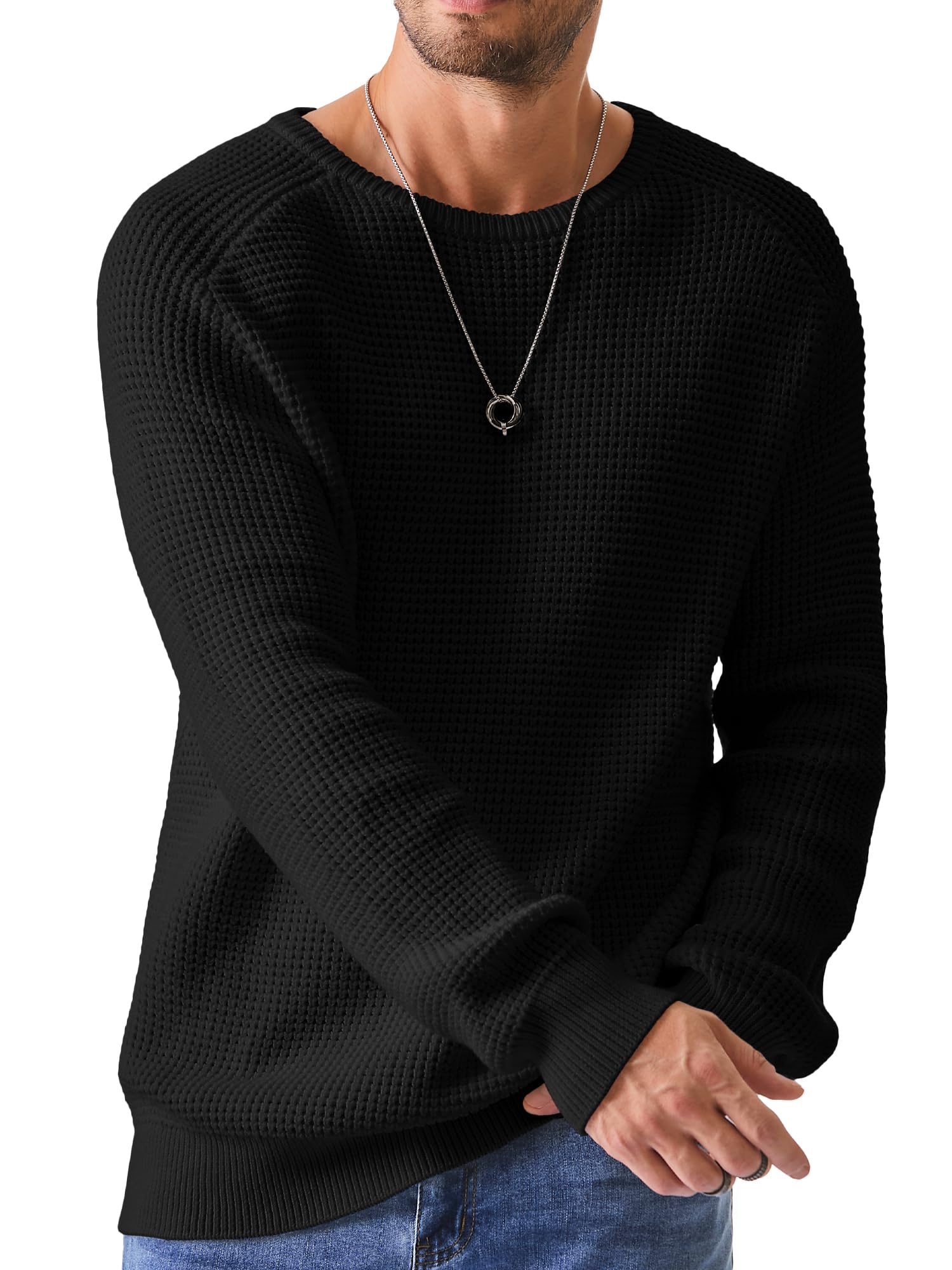 JMIERR Men's Crewneck Pullover Sweater Waffle Textured Knitted Sweaters Casual Loose Fit Sweaters with Ribbing Edge