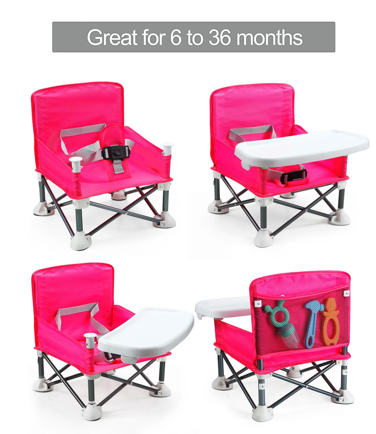 PandaEar Portable Travel Booster Seat with Tray| Folding Baby Seat Booster High Chair for Dining Table| Compact Camping Chair for Lawn, Beach Indoor/Outdoor Use| Toddlers, Kids (Pink)