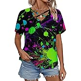 Glow in Dark Splatter Neon Women's Short Sleeve Shirt Tops Loose V-Neck Criss Cross Tees Summer Beach Blouses