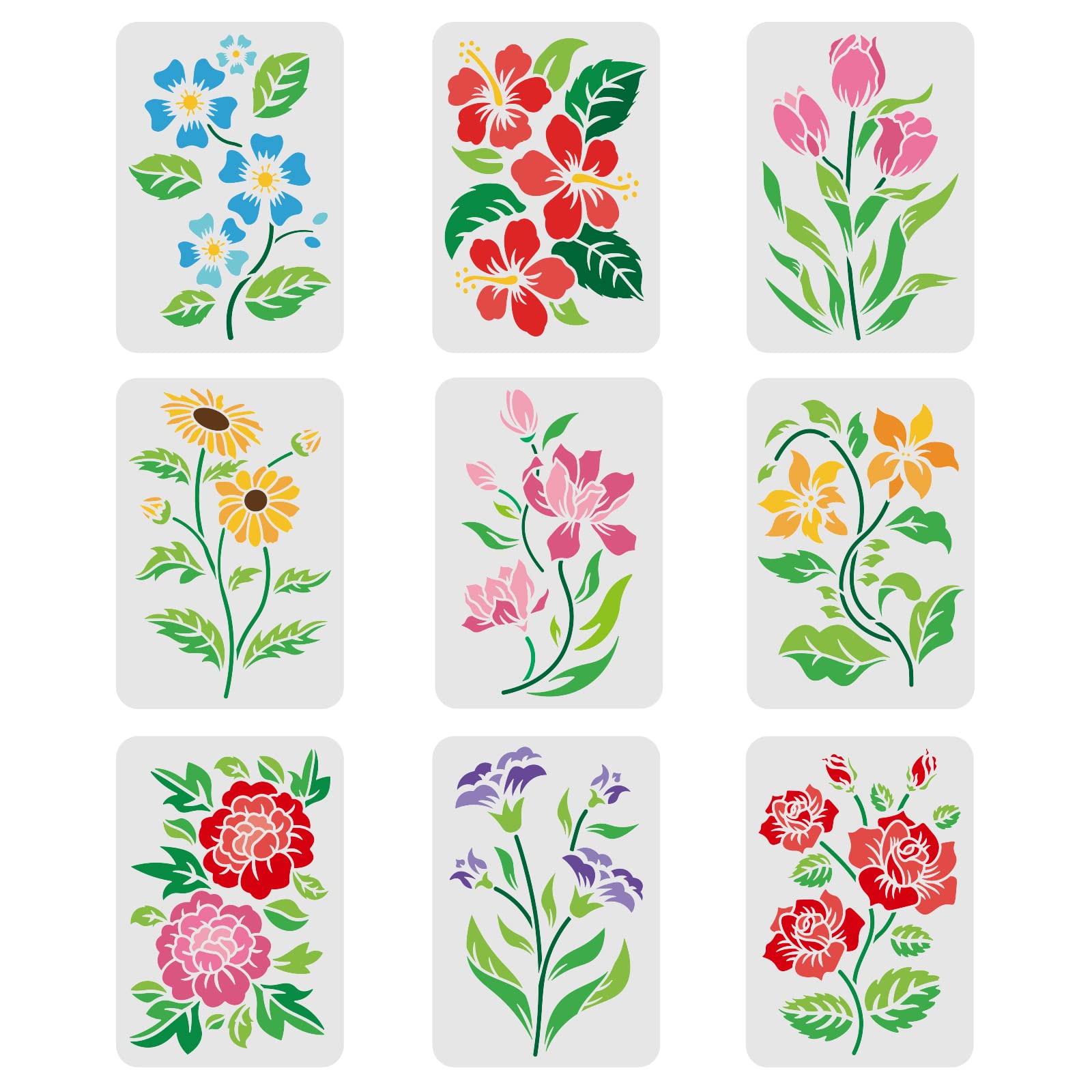 FINGERINSPIRE 9pcs Flower Stencils for Painting 29.7 x 21 cm Flower & Leaf Drawing Template DIY Reusable Stencils for Wall, Wood, Floor, Tiles