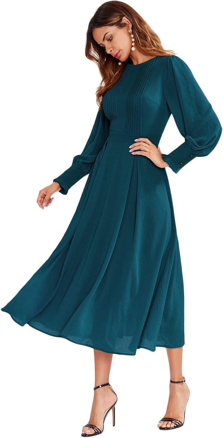 Milumia Women's Elegant Frilled Long Sleeve Pleated Fit and Flare Dress: Clothing