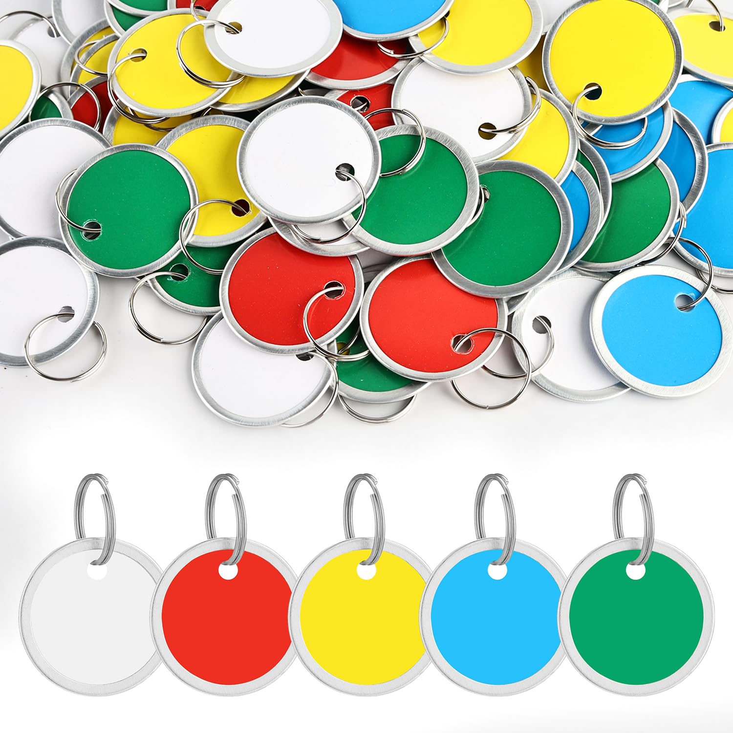 Photo 1 of 100pcs Metal Rim Key Tags Round Paper Tags with Metal Rings for Car Keys and Door Keys,5Color